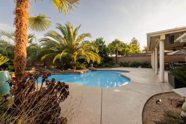 1199 E Cole Ave, Fresno, CA 93720 - view of pool with a patio area, a ceiling fan, and a fenced backyard