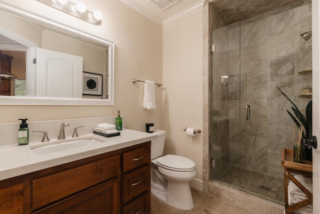 1199 E Cole Ave, Fresno, CA 93720 - full bathroom with crown molding, vanity, a shower stall, and tile patterned floors