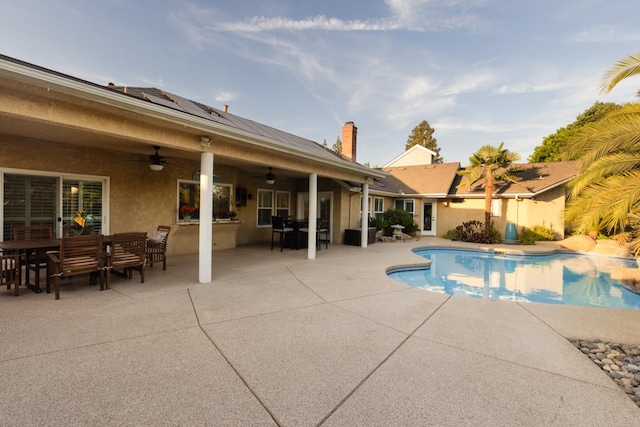 1199 E Cole Ave, Fresno, CA 93720 - outdoor pool with outdoor dining space, ceiling fan, and a patio area