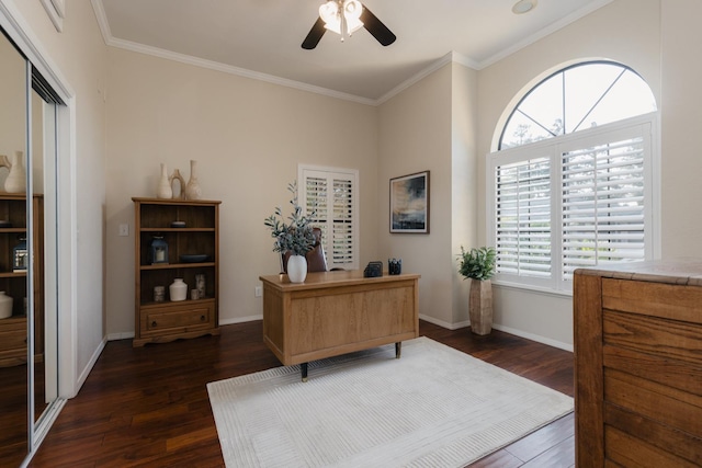 1199 E Cole Ave, Fresno, CA 93720 - office area featuring dark wood finished floors, ceiling fan, and crown molding