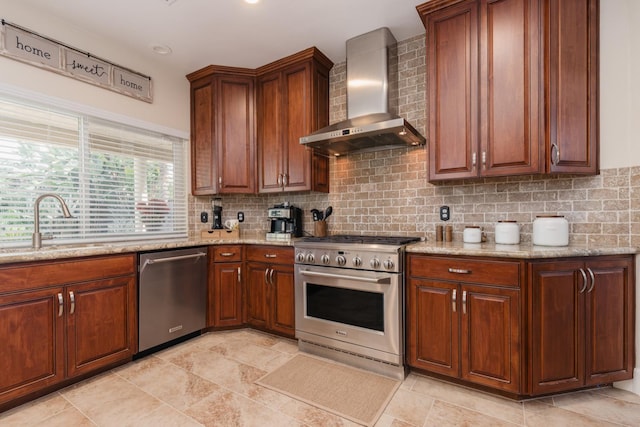 1199 E Cole Ave, Fresno, CA 93720 - kitchen with stainless steel appliances, wall chimney range hood, tasteful backsplash, and light stone counters