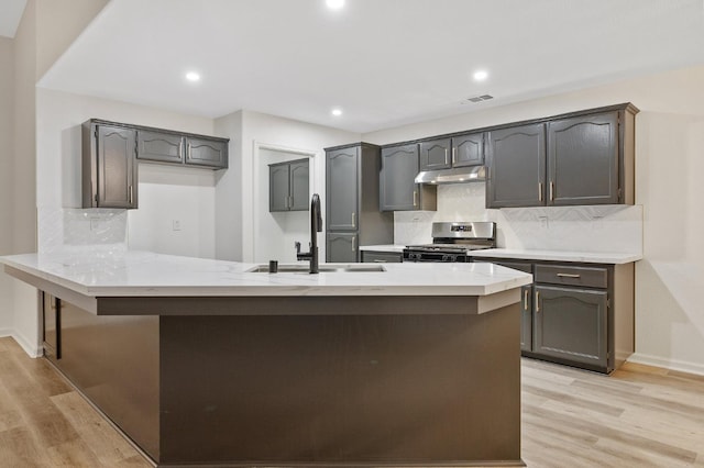 2540 E Seeger Ave, Visalia, CA 93292 - kitchen featuring stainless steel stove, under cabinet range hood, light wood-type flooring, a peninsula, and light stone counters