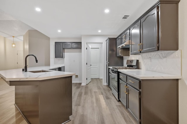 2540 E Seeger Ave, Visalia, CA 93292 - kitchen featuring stainless steel gas range oven, light wood finished floors, decorative backsplash, under cabinet range hood, and light stone countertops