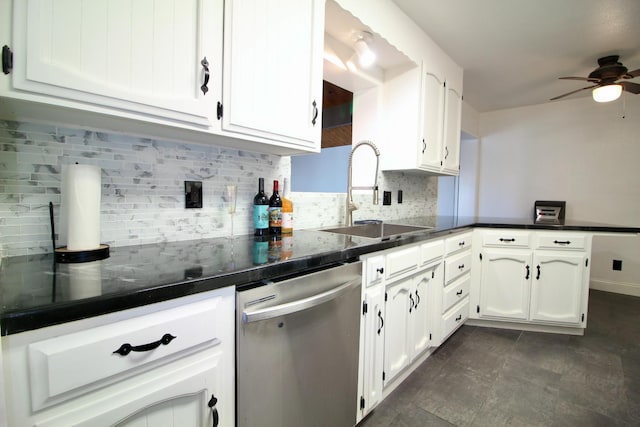 521 Williams Ave, Madera, CA 93637 - kitchen featuring dishwasher, a ceiling fan, and dark countertops