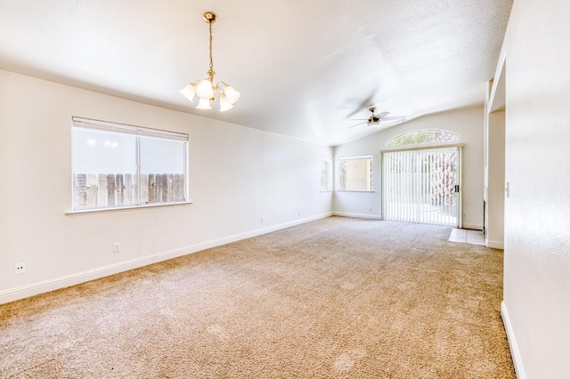 5537 W Oswego Ave, Fresno, CA 93722 - unfurnished room with a ceiling fan, carpet floors, vaulted ceiling, and a chandelier