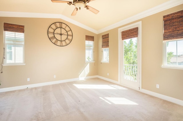 1682 N Dutch Ave, Clovis, CA 93619 - unfurnished room featuring light colored carpet, a ceiling fan, vaulted ceiling, and crown molding