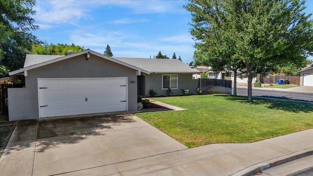 1448 Ashcroft Ave, Clovis, CA 93611 - ranch-style house with stucco siding, a garage, driveway, and a shingled roof