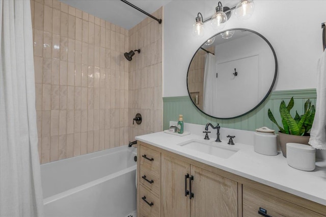 1448 Ashcroft Ave, Clovis, CA 93611 - bathroom with shower / bathtub combination with curtain, vanity, and a wainscoted wall