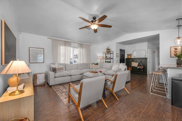 1448 Ashcroft Ave, Clovis, CA 93611 - living room with a ceiling fan, lofted ceiling, and dark wood-type flooring