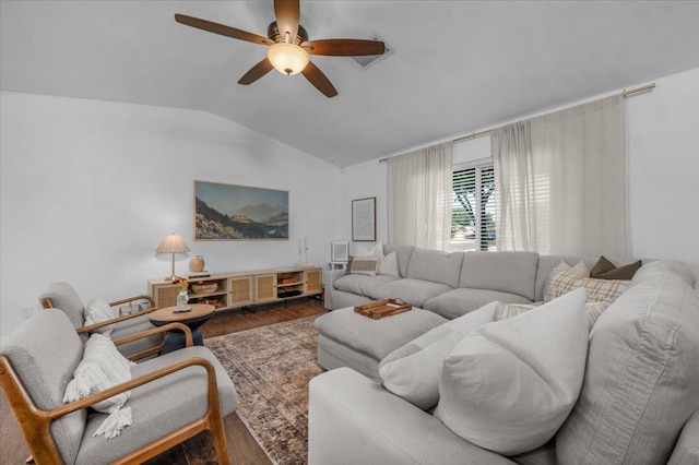 1448 Ashcroft Ave, Clovis, CA 93611 - living room featuring lofted ceiling, wood finished floors, and ceiling fan