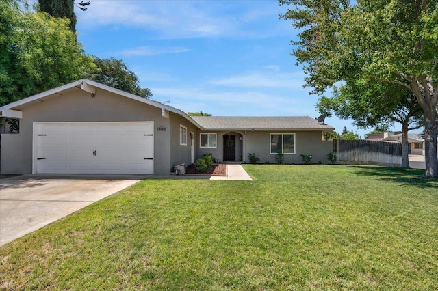 1448 Ashcroft Ave, Clovis, CA 93611 - ranch-style house featuring a garage, stucco siding, and concrete driveway