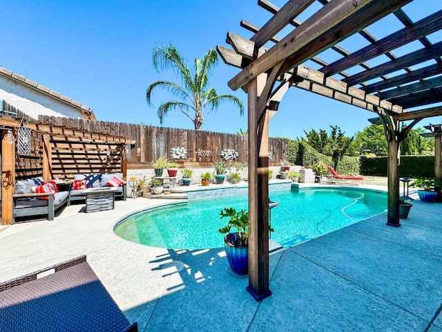 2457 Carson Ave, Clovis, CA 93611 - view of swimming pool with a pergola, outdoor lounge area, a patio, and a fenced backyard