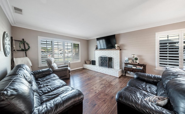 2816 Monocott, Madera, CA 93637 - living room with crown molding, wood finished floors, and a brick fireplace