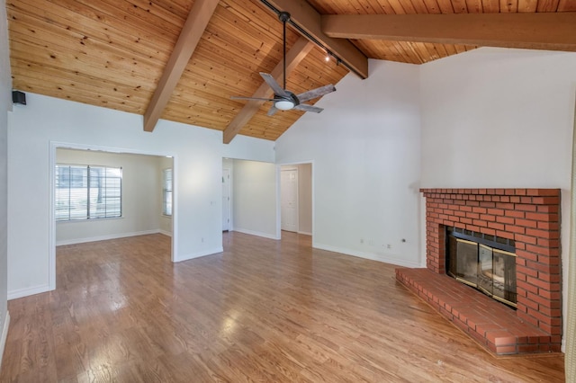 689 E Pintail Cir, Fresno, CA 93730 - unfurnished living room with ceiling fan, a wooden ceiling with exposed beams, wood finished floors, a fireplace, and high vaulted ceiling