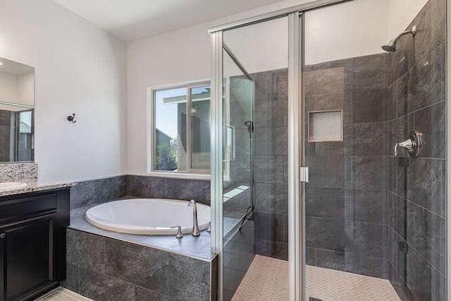 2166 Junipero Ave, Clovis, CA 93619 - bathroom with vanity, a garden tub, and a shower stall