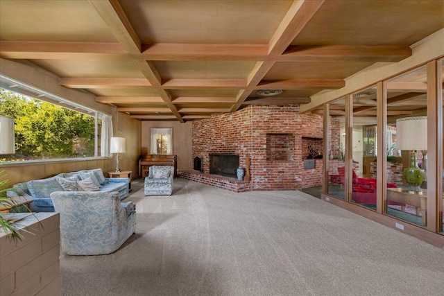 5481 E Geary St, Fresno, CA 93727 - living room featuring an outdoor brick fireplace, coffered ceiling, carpet, and beamed ceiling