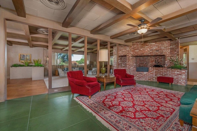 5481 E Geary St, Fresno, CA 93727 - living room with beamed ceiling, a ceiling fan, coffered ceiling, and a fireplace