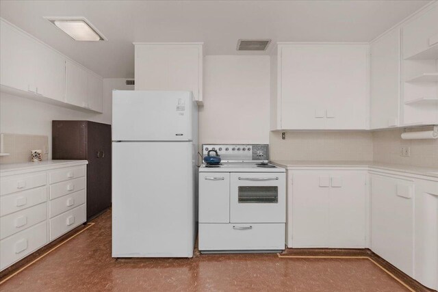 5481 E Geary St, Fresno, CA 93727 - kitchen featuring white appliances, white cabinets, and decorative backsplash