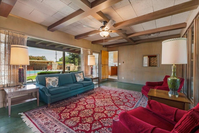 5481 E Geary St, Fresno, CA 93727 - living room with beamed ceiling and a ceiling fan