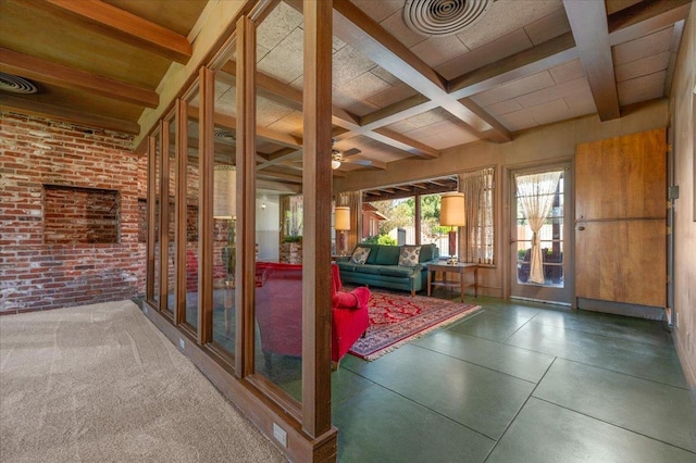 5481 E Geary St, Fresno, CA 93727 - interior space featuring beamed ceiling, coffered ceiling, and brick wall