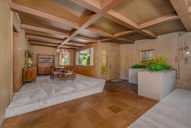 5481 E Geary St, Fresno, CA 93727 - carpeted dining room featuring a chandelier, coffered ceiling, and beamed ceiling