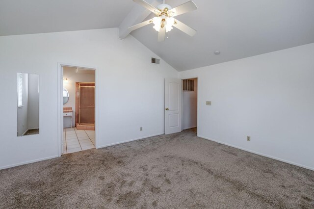 9340 N Jackson Ave, Fresno, CA 93720 - unfurnished bedroom featuring carpet, beam ceiling, high vaulted ceiling, ensuite bath, and a ceiling fan