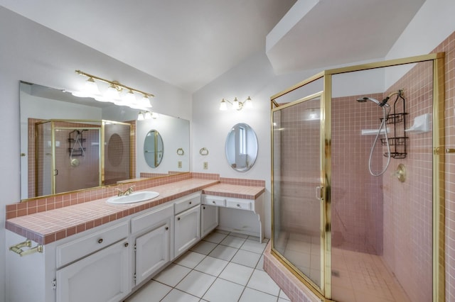 9340 N Jackson Ave, Fresno, CA 93720 - bathroom with vanity, a stall shower, and tile patterned floors