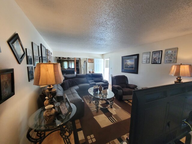 living area with a textured ceiling