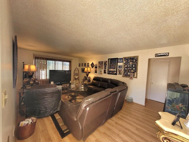 living area featuring a textured ceiling and light wood finished floors