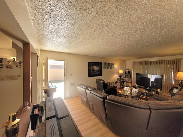 living room with a textured ceiling and light wood finished floors