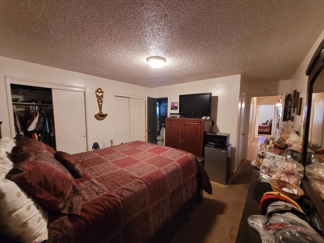 bedroom with carpet floors, multiple closets, and a textured ceiling