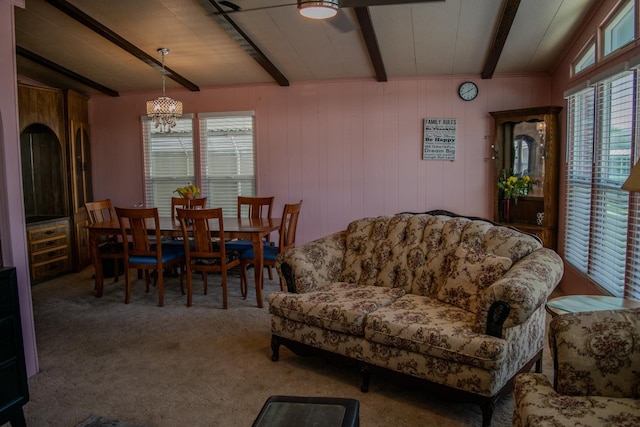 371 Bethel Ave Unit 62, Sanger, CA 93657 - living area with beam ceiling, a chandelier, and carpet flooring