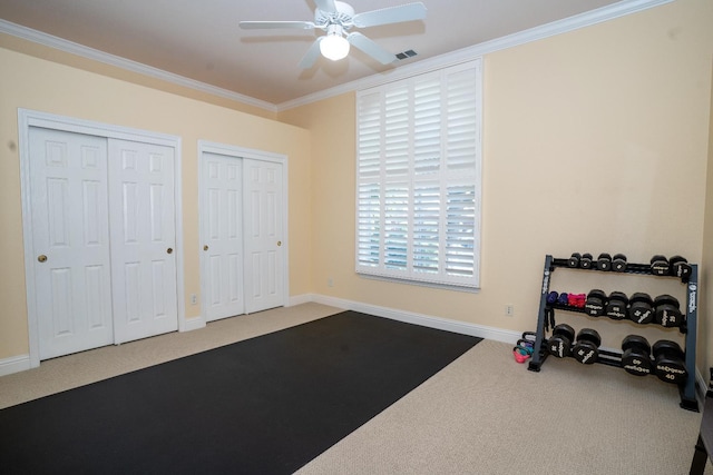 1622 E Shadow Crk, Fresno, CA 93730 - workout area featuring carpet floors, crown molding, and a ceiling fan