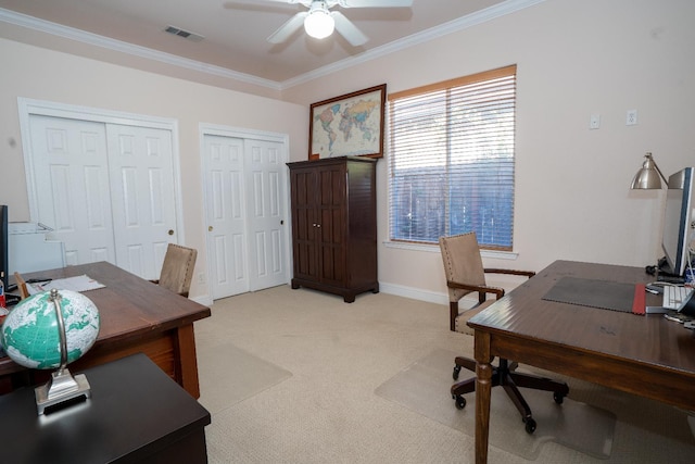 1622 E Shadow Crk, Fresno, CA 93730 - home office featuring ornamental molding, light colored carpet, and ceiling fan