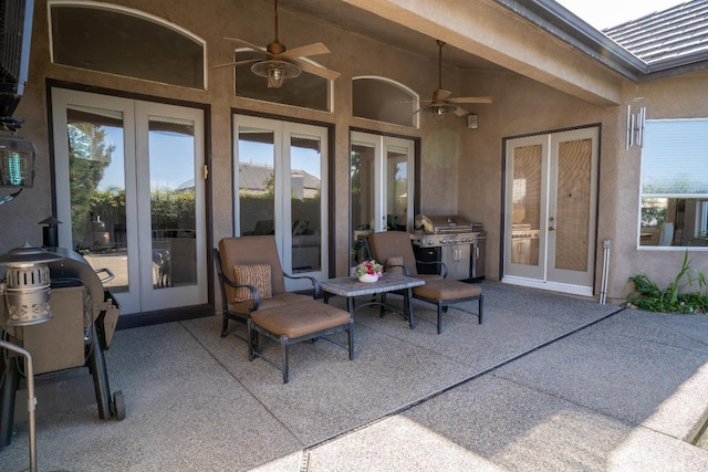 1622 E Shadow Crk, Fresno, CA 93730 - view of patio featuring french doors, a ceiling fan, and grilling area