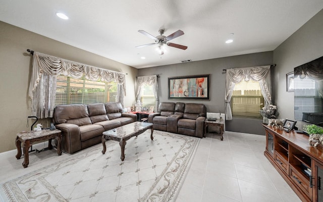 6712 W Lucas Dr, Fresno, CA 93722 - living room featuring a ceiling fan, healthy amount of natural light, recessed lighting, and light tile patterned floors