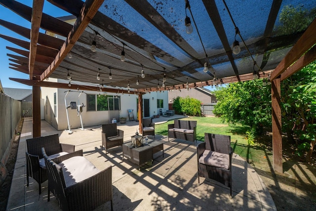 6712 W Lucas Dr, Fresno, CA 93722 - fenced backyard with outdoor lounge area, a pergola, and a patio area