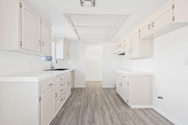 1428 N Knoll Ave, Fresno, CA 93722 - kitchen with light wood-style floors, under cabinet range hood, light countertops, and white cabinetry