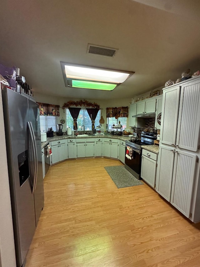 6675 N Lola Ave, Fresno, CA 93722 - kitchen with appliances with stainless steel finishes, green cabinets, light wood-style floors, and under cabinet range hood