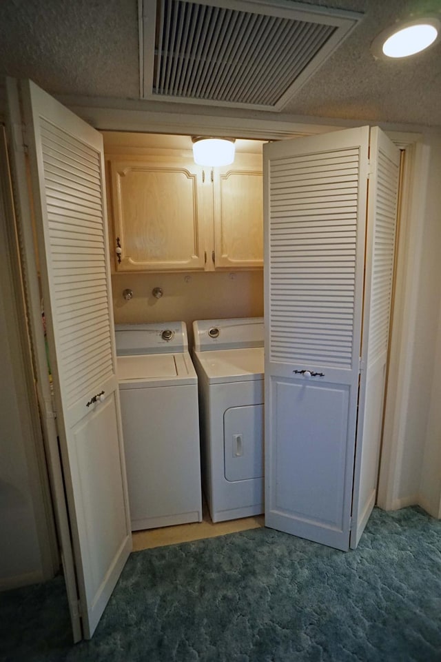 5513 N El Adobe Dr, Fresno, CA 93711 - laundry room with cabinet space, washer and clothes dryer, carpet floors, and recessed lighting
