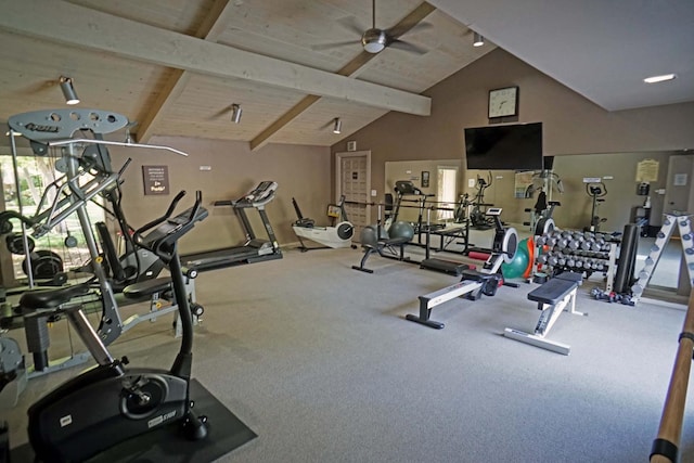 5513 N El Adobe Dr, Fresno, CA 93711 - workout area featuring a ceiling fan, high vaulted ceiling, and a wood ceiling with exposed beams