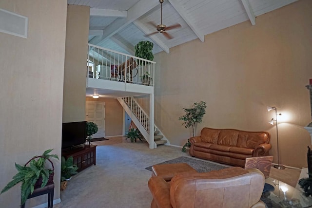 5513 N El Adobe Dr, Fresno, CA 93711 - carpeted living area featuring stairs, high vaulted ceiling, beam ceiling, and a ceiling fan
