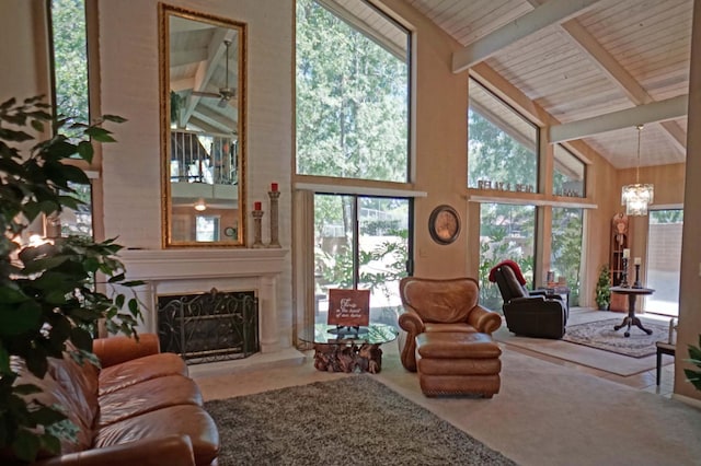 5513 N El Adobe Dr, Fresno, CA 93711 - living room with a chandelier, high vaulted ceiling, a fireplace, and a wood ceiling with exposed beams