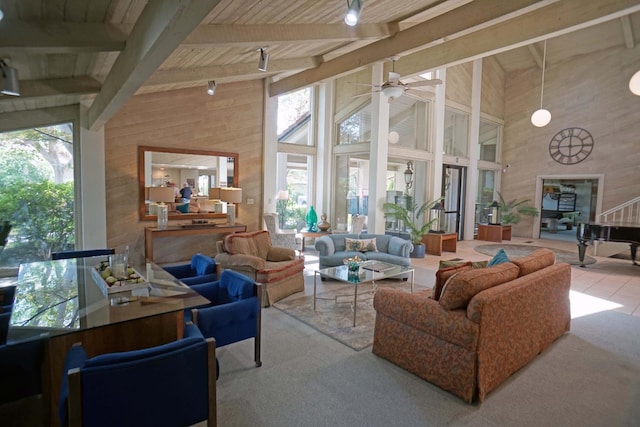 5513 N El Adobe Dr, Fresno, CA 93711 - living room featuring a towering ceiling, a wooden ceiling with exposed beams, ceiling fan, rail lighting, and carpet floors