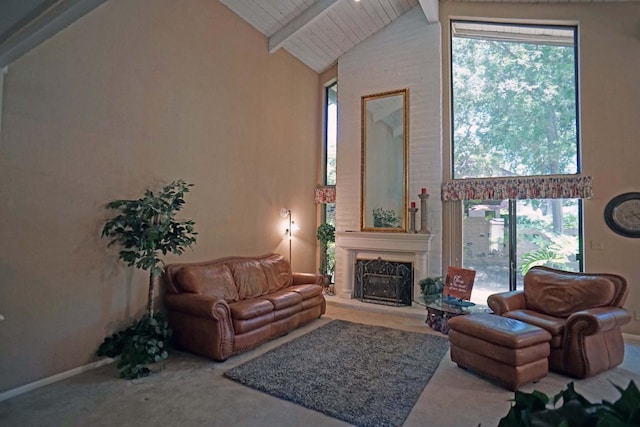 5513 N El Adobe Dr, Fresno, CA 93711 - living room with a wood ceiling with exposed beams, healthy amount of natural light, a fireplace, and high vaulted ceiling