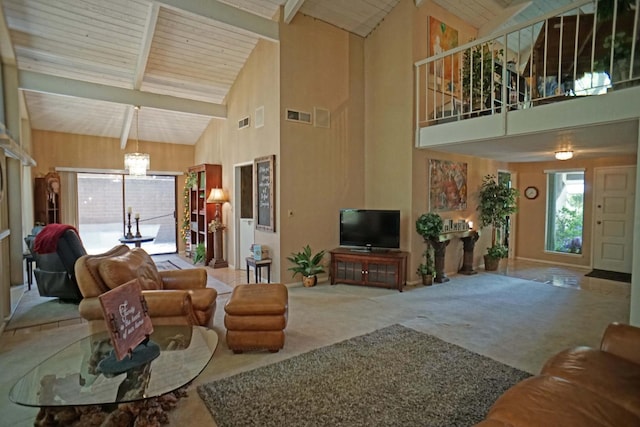 5513 N El Adobe Dr, Fresno, CA 93711 - living room featuring high vaulted ceiling, carpet, and a wood ceiling with exposed beams