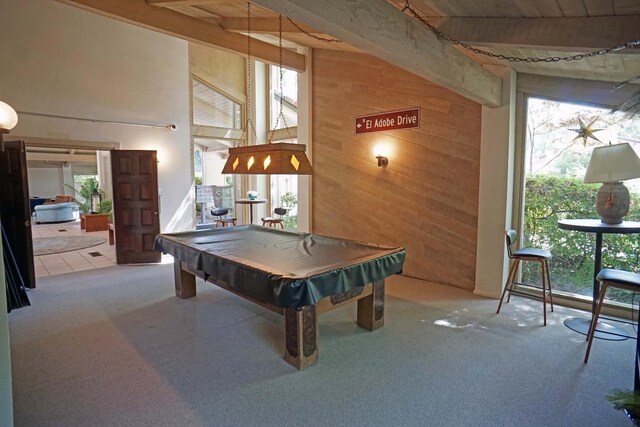 5513 N El Adobe Dr, Fresno, CA 93711 - recreation room featuring carpet floors, wood walls, pool table, and a high ceiling