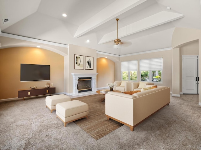1568 E Sterling Hill Way, Fresno, CA 93730 - carpeted living area with a glass covered fireplace, recessed lighting, a ceiling fan, arched walkways, and high vaulted ceiling