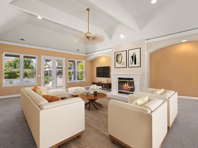 1568 E Sterling Hill Way, Fresno, CA 93730 - living area featuring carpet floors, recessed lighting, a glass covered fireplace, lofted ceiling, and a ceiling fan