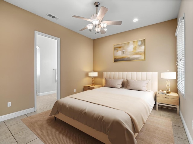 1568 E Sterling Hill Way, Fresno, CA 93730 - bedroom featuring recessed lighting, light tile patterned floors, ceiling fan, and ensuite bathroom